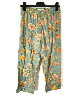 Peruvian Connection Sea Green Aqua Orange Floral Crop Pants Elastic Waist Boho